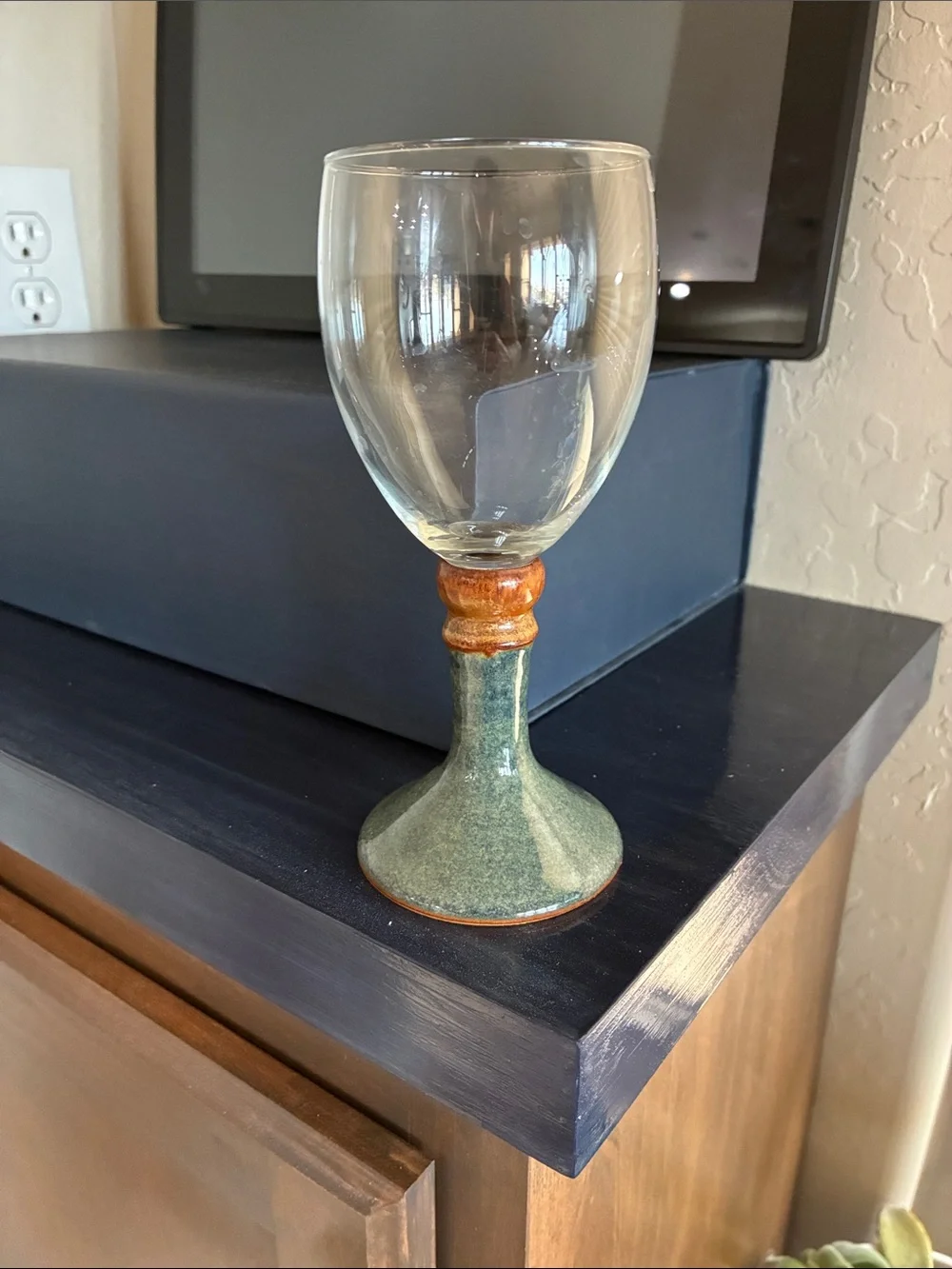 BLUE Pottery Stem Wine Glass Goblet CLEAR GLASS TOP
